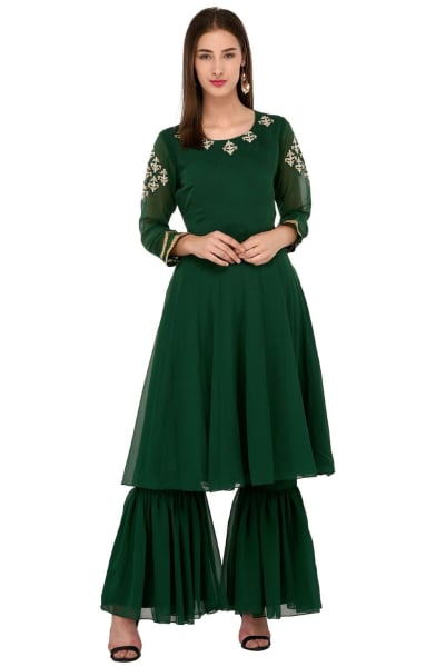 Bottle Green Georgette Plus Size Sarara Kameez