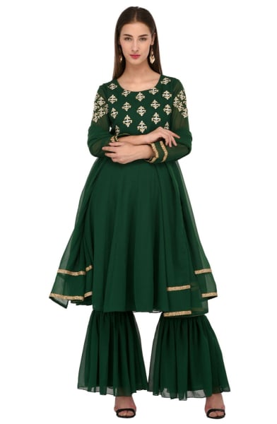 Bottle Green Georgette Readymade Plus Size Suit