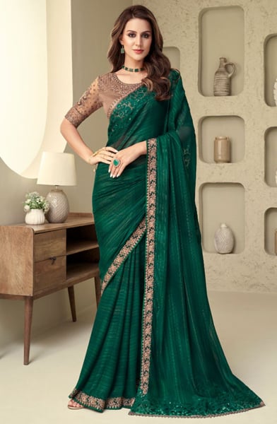 Bottle Green Heavy Designer Saree for Wedding