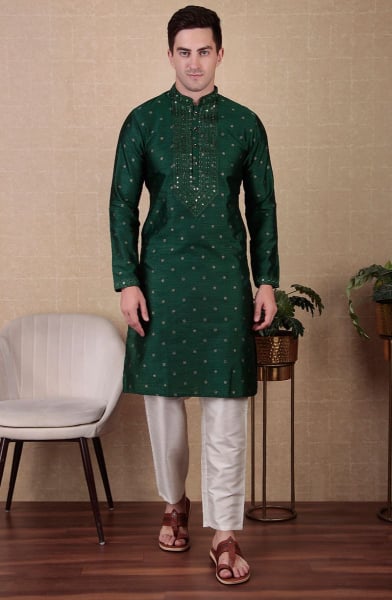 Bottle Green Mirror Work Jacquard Silk Kurta Set
