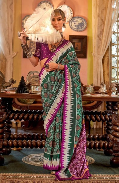 Bottle Green Patola Design Viscose Silk Saree