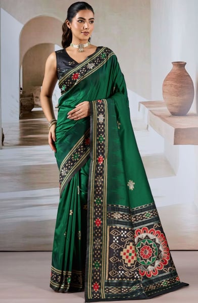 Bottle Green Patola Handloom Weaving Silk Saree