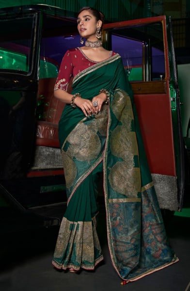 Bottle Green Pure Silk Resham Embroidered Saree