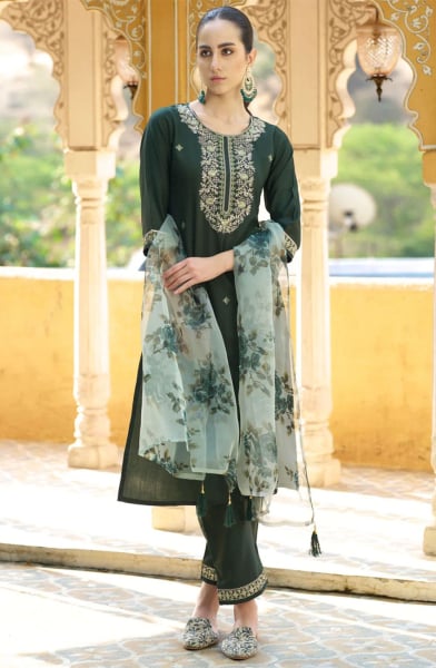 Bottle Green Rayon Readymade Pant Kameez Suit