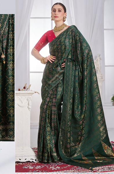 Bottle Green Satin Tissue Silk Saree for Party