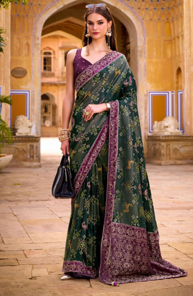Bottle Green Satin Tissue Silk Saree for Party