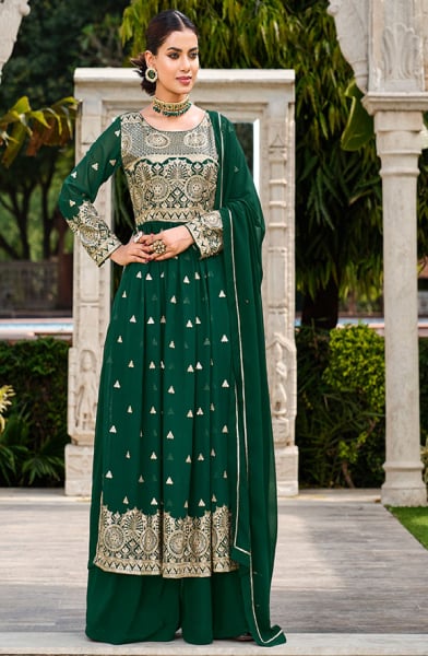 Bottle Green Sequins Embroidered Georgette Palazzo Kameez