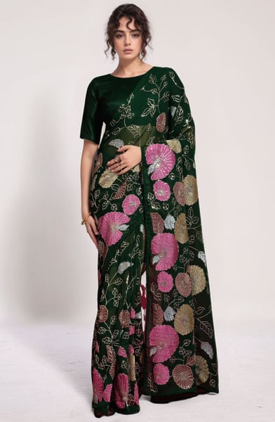 Bottle Green Sequins Embroidered Georgette Saree