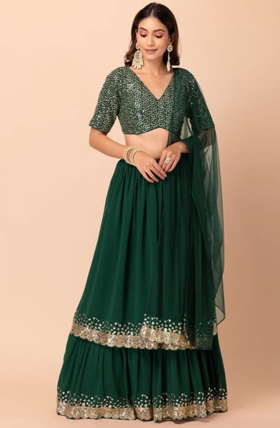 Bottle Green Sequins Work Georgette Lehenga Choli