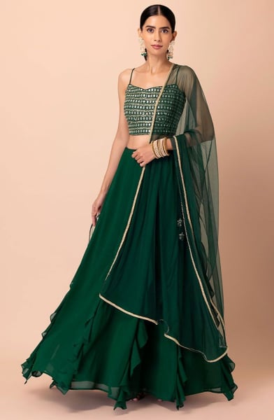 Bottle Green Sequins Work Georgette Lehenga Choli