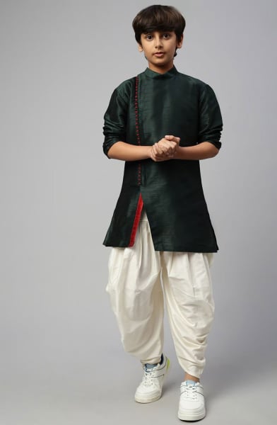 Bottle Green Silk Boys Dhoti Kurta Set