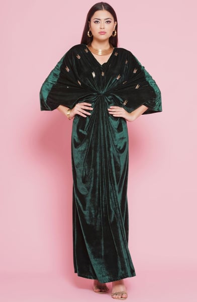 Bottle Green Velvet Hand Embellished Gown