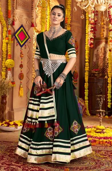 Bottle Green Viscose Rayon Embroidered Chaniya Choli for Festival
