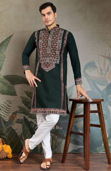 Bottle Green Viscose Silk Embroidered Kurta for Festival
