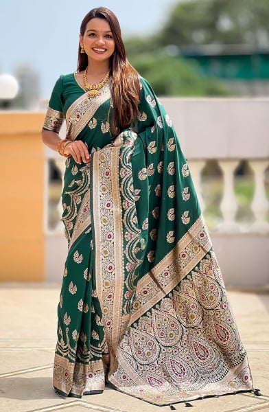 Bottle Green Woven Banarasi Silk Saree