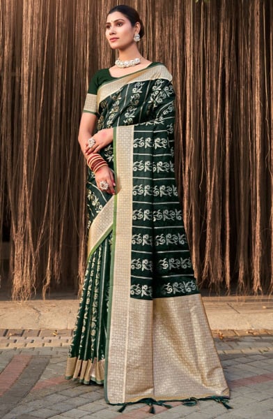 Bottle Green Woven Satin Silk Saree