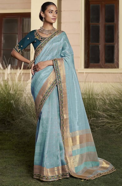 Breeze Blue Cotton Saree with Embroidered Blouse