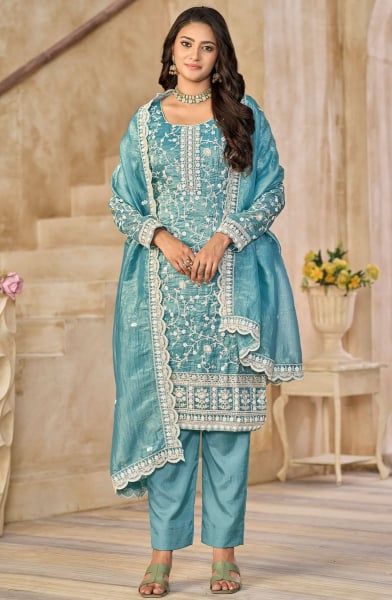 Breeze Blue Embroidered Organza Pant Kameez