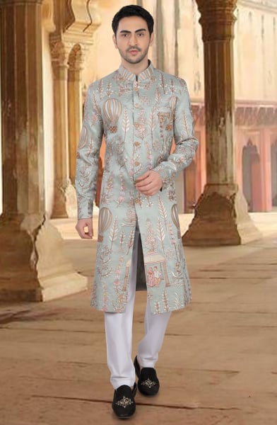 Breeze Blue Embroidered Silk Designer Sherwani