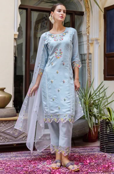 Breeze Blue Embroidered Viscose Roman Silk Readymade Suit
