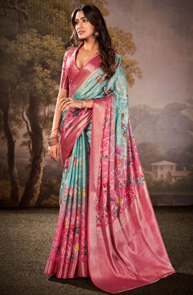 Breeze Blue Floral Print Cotton Silk Saree