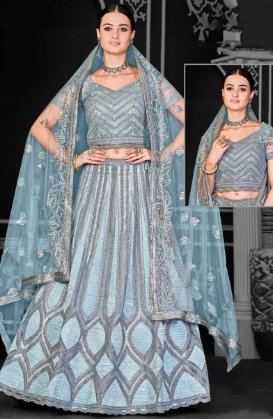 Breeze Blue Net Semi Stitched Lehenga Choli and Dupatta