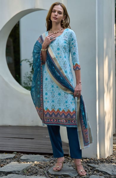 Breeze Blue Printed Cotton Readymade Pant Kameez