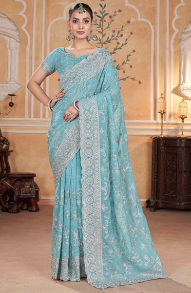 Breeze Blue Thread Embroidered Saree for Ceremonial