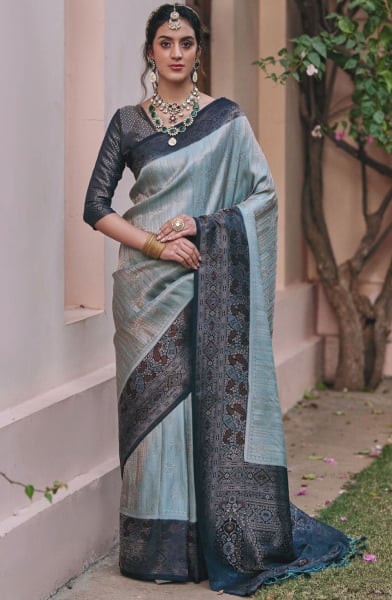 Breeze Blue Zari Woven Satin Saree for Wedding