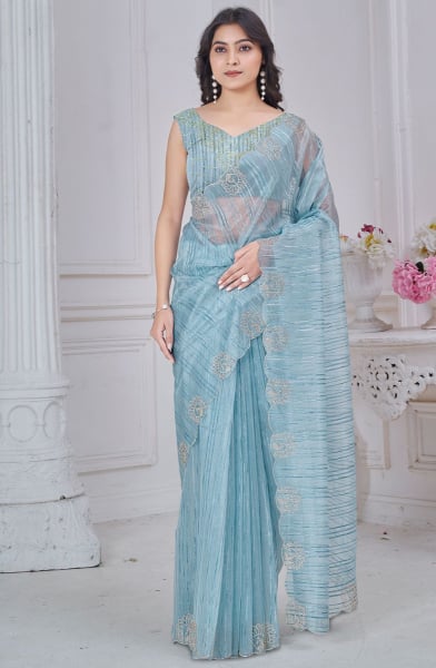 Breeze Blue Zarkan Embellished Pure Jacquard Saree