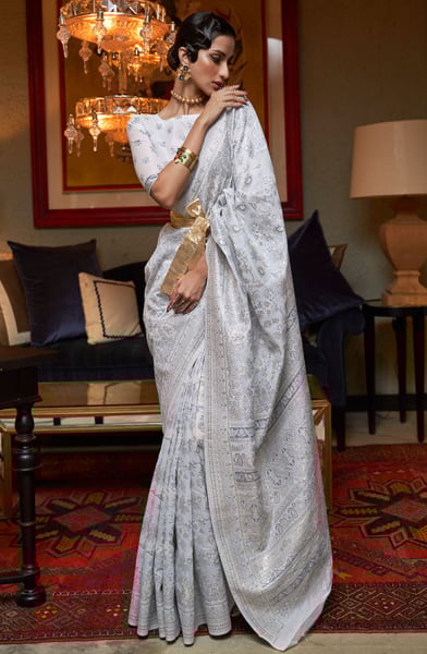 Breeze Grey Kashmiri Modal Handloom Weaving Saree