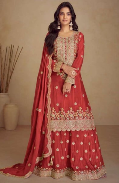 Brick Red Embroidered Chinnon Readymade Lehenga Kameez