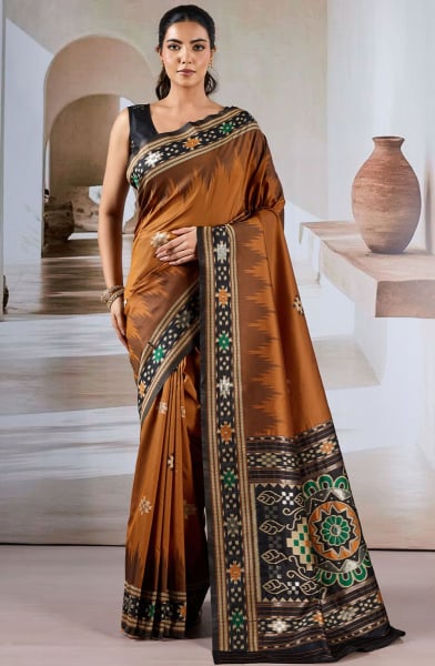 Bronze Brown Patola Handloom Weaving Silk Saree