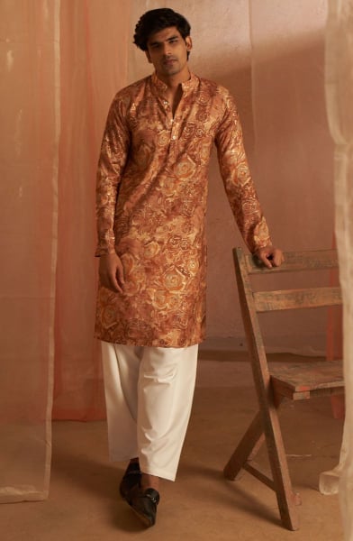 Bronze Brown Printed Modal Silk Kurta Set