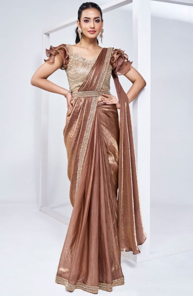 Bronze Brown Pure Khatli Work Designer Ready to Wear Saree