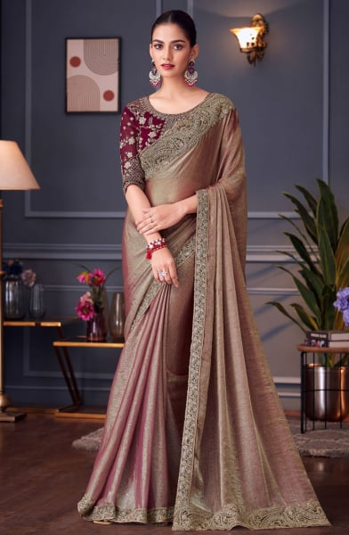 Bronze Embroidered Double Tone Silk Designer Saree