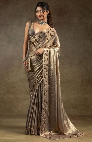 Bronze Grey Embellished Satin Silk Saree