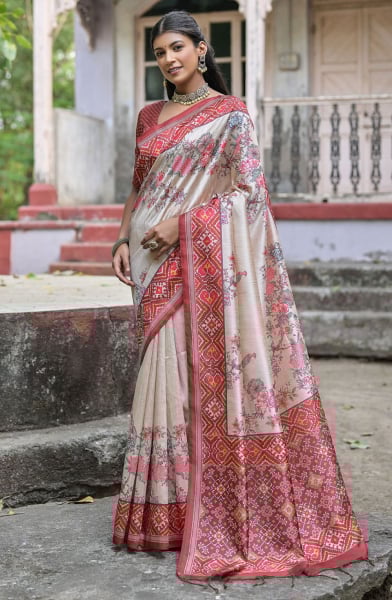 Brown and Beige Soft Tussar Silk Saree