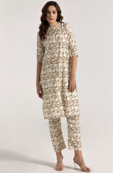 Brown and Off White Printed Rayon Co-Ord Set