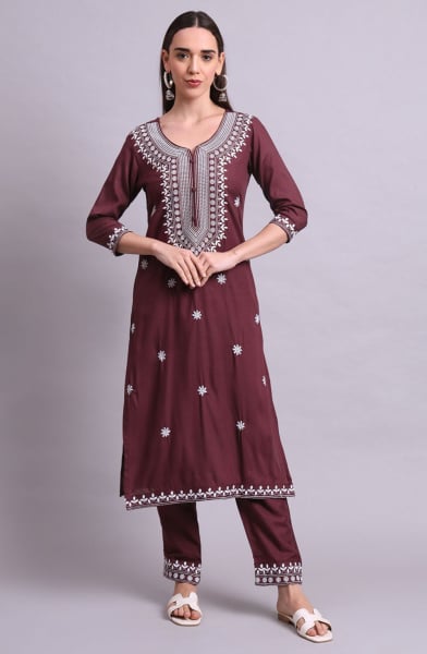 Brown cotton Embroidered Readymade Suit