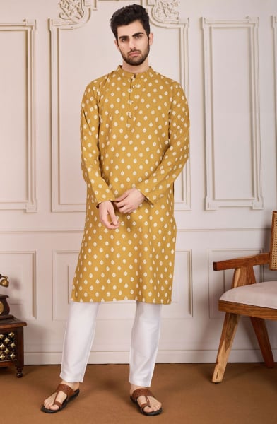 Brown Cotton Printed Kurta Pyjama Set