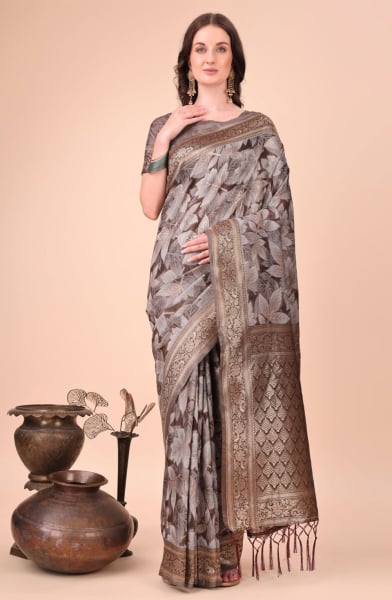 Brown Cotton Printed Saree