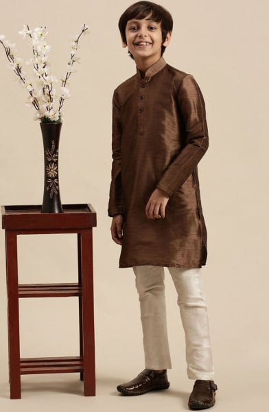 Brown Dupion Silk Boys Kurta Set