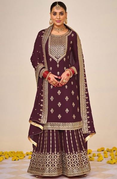 Brown Embroidered Faux Georgette Palazzo Kameez