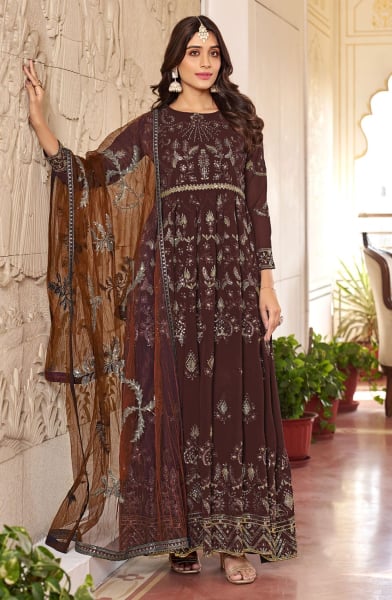 Brown Faux Georgette Heavy Embroidered Designer Suit