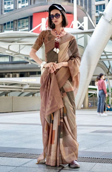 Brown Handloom Silk Printed Saree