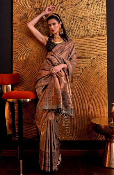 Brown Handloom Zari Woven Saree