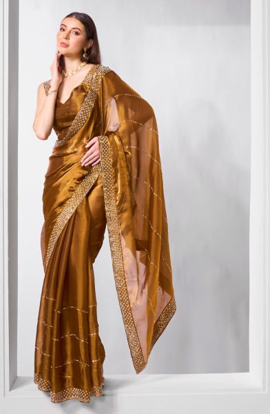 Brown Heavy Embroidered Party Wear Saree