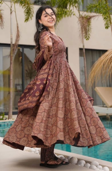 Brown Heavy Mul Cotton Readymade Palazzo Kameez Suit