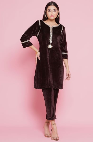 Brown Mirrior Work Velvet Co-Ord Set